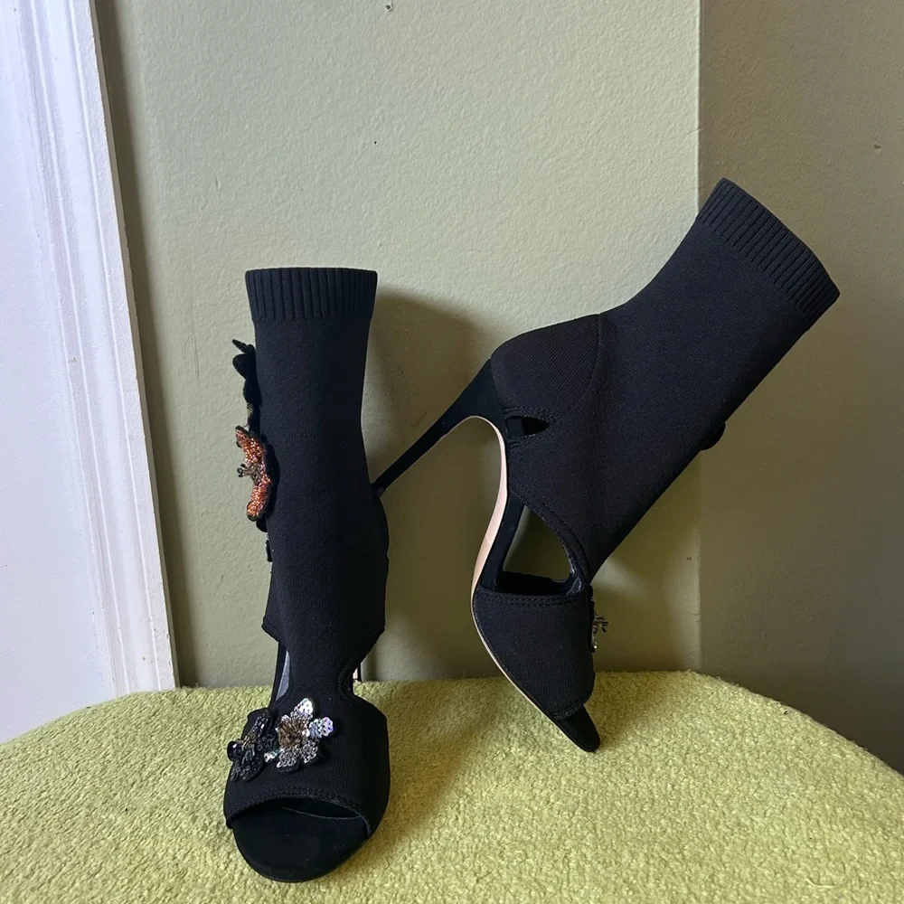 New Zara Black Embellished Sock Ankle Boots Sz 37 - Picture 6 of 13